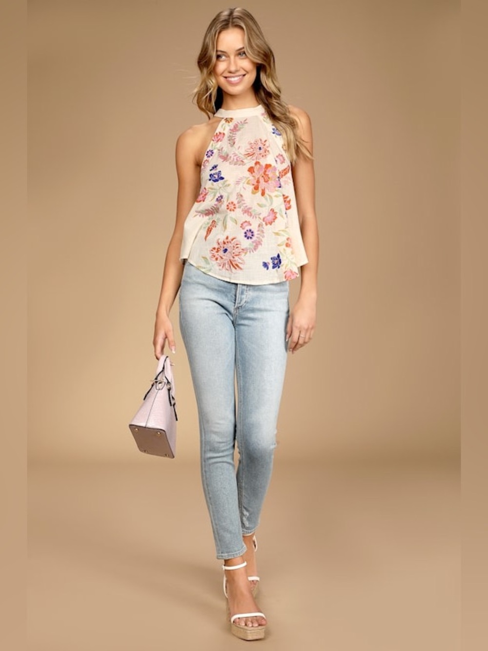 Free People Cream Floral Halter Muscle Tee with Pink, Orange & Blue Embroidery